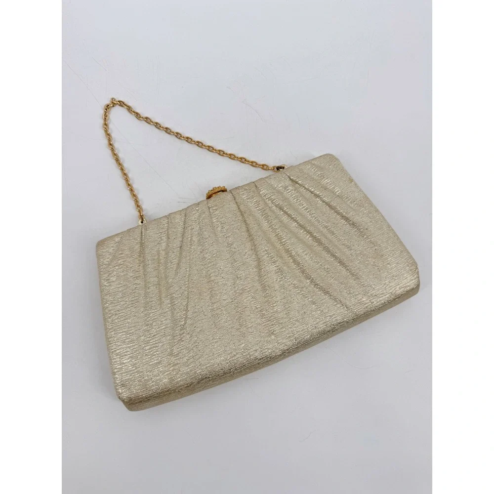 Vintage Gold Metallic‎ Pleated Evening Clutch Bag Rhinestone Clasp Chain Strap